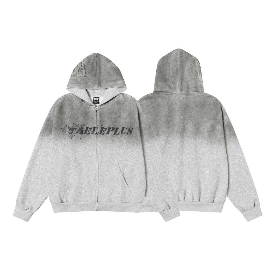 Gray zip-up hoodie shown from the front and back, with a hood, front pockets, and distressed chest lettering.
