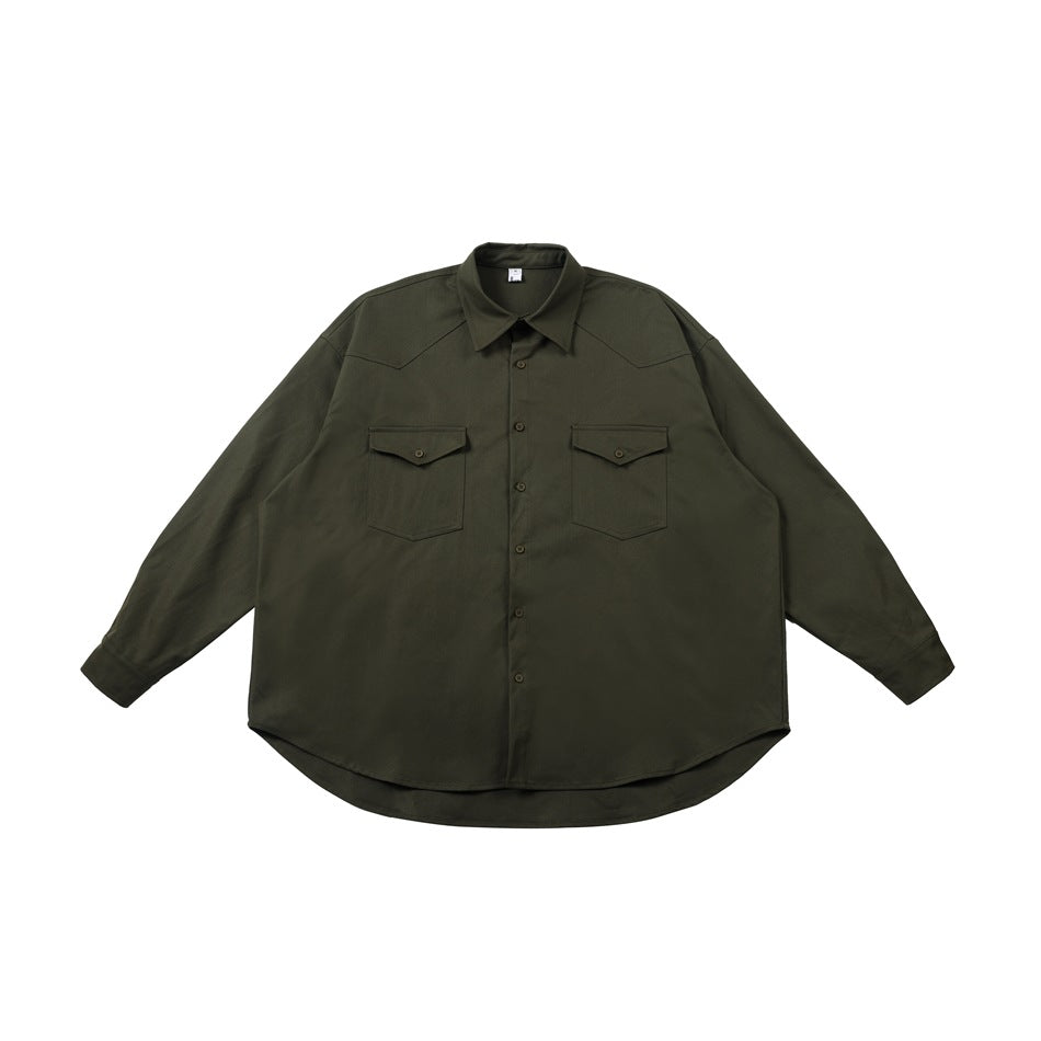 Dark army green long-sleeve button-front shirt with two flap chest pockets and curved hem, laid flat