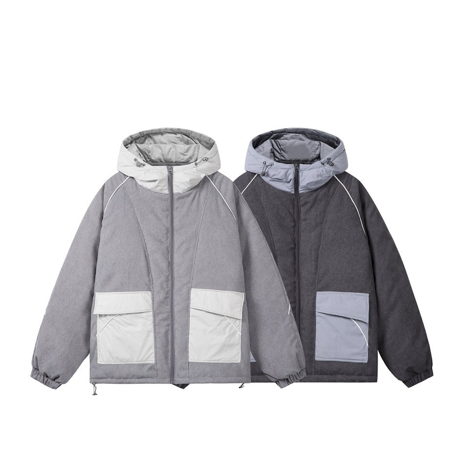 Two hooded jackets shown from the front: one medium gray with a light hood and pockets, one charcoal with a pale blue-gray