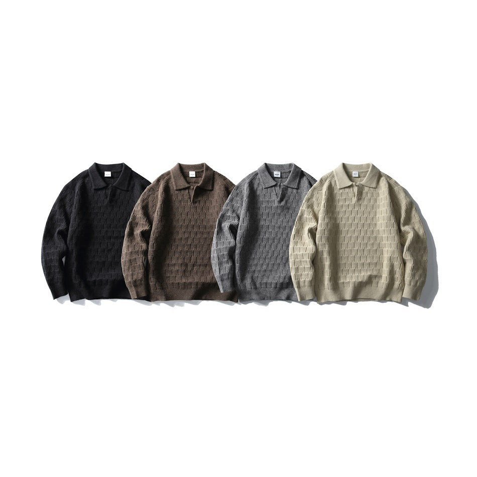 Four collared textured knit sweaters arranged side by side in black, brown, gray, and light beige.