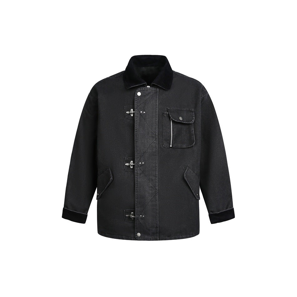 Black washed canvas-style jacket with dark corduroy-like collar, three metal toggle closures and chest flap pocket, front