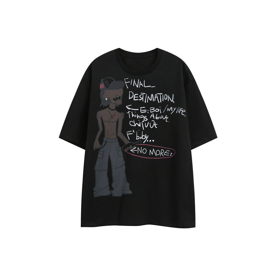 Black short-sleeve crew-neck t-shirt with cartoon figure graphic and white handwritten-style text on the front