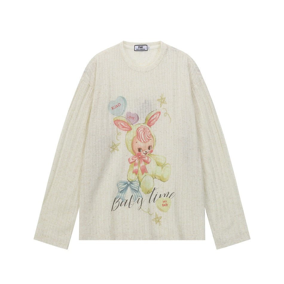 Cream ribbed long-sleeve top with pastel bunny and heart balloon print and 'Baby time' script, flat lay front