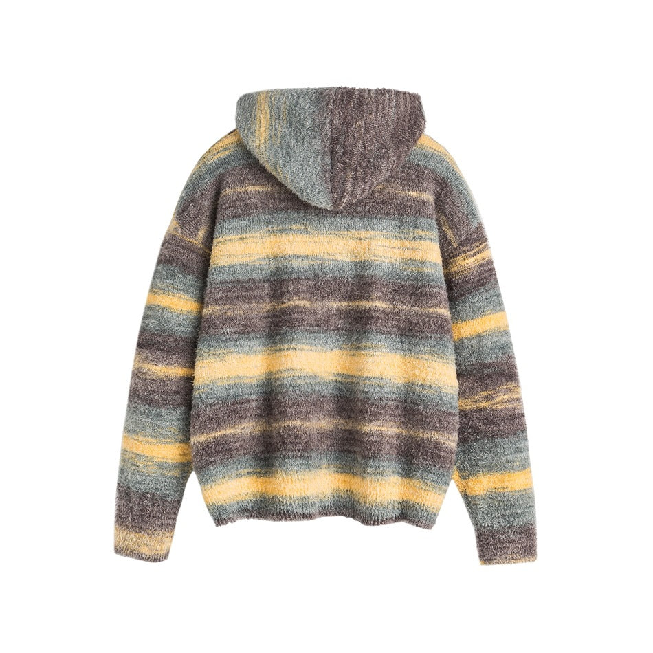 Back view of a fuzzy hooded sweater with horizontal gray, brown, and mustard stripes on white.