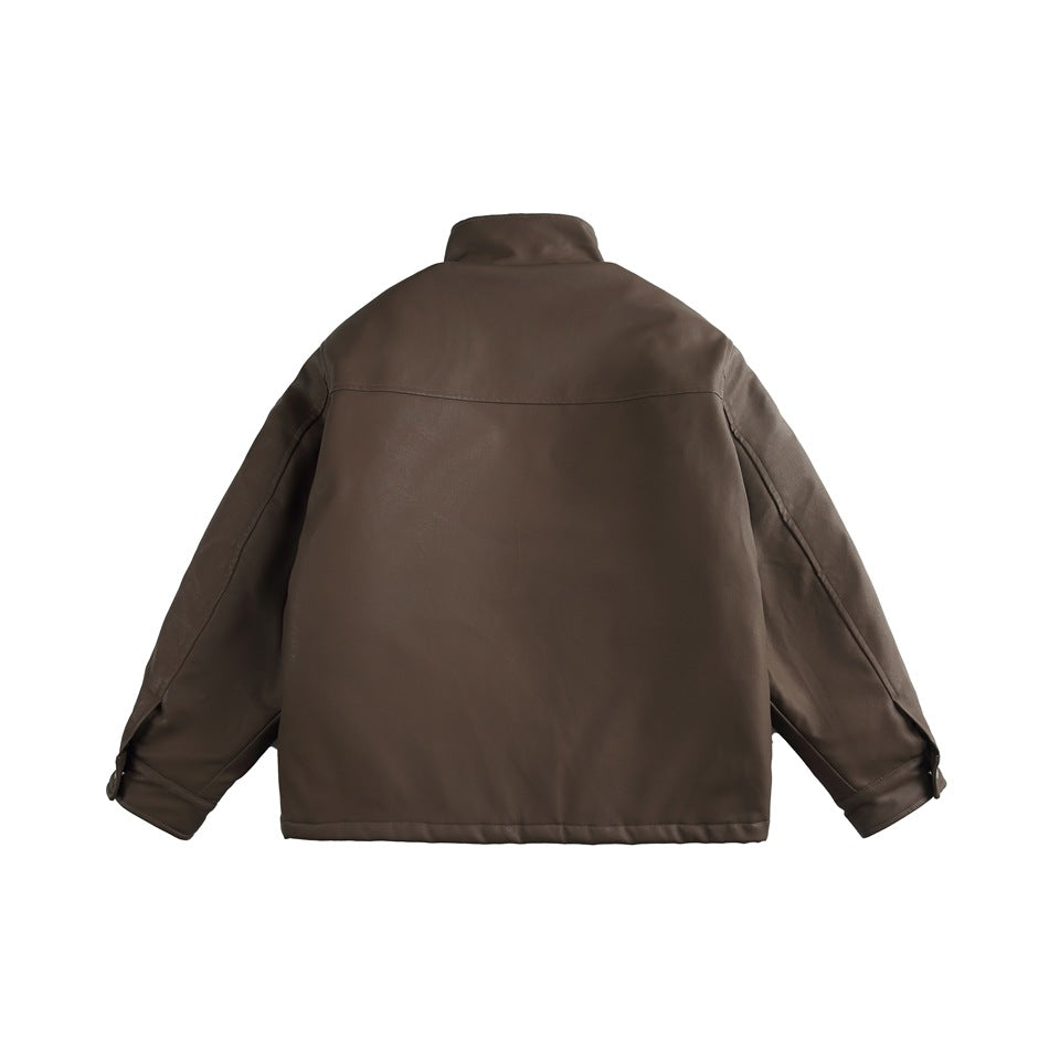 Back view of a dark brown jacket with a raised collar, long sleeves, and a horizontal shoulder seam.