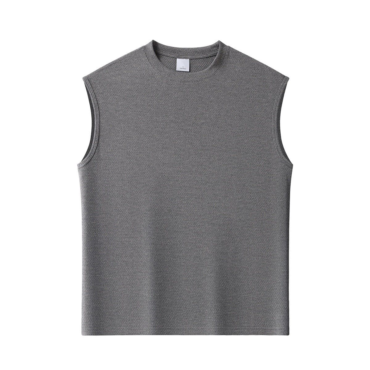 Dark gray sleeveless crew-neck tank top with a textured fabric surface, flat front view