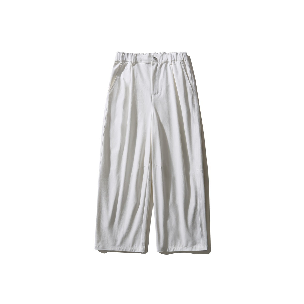 White wide-leg pants flat lay with elastic waistband, button front, pleats and side pockets