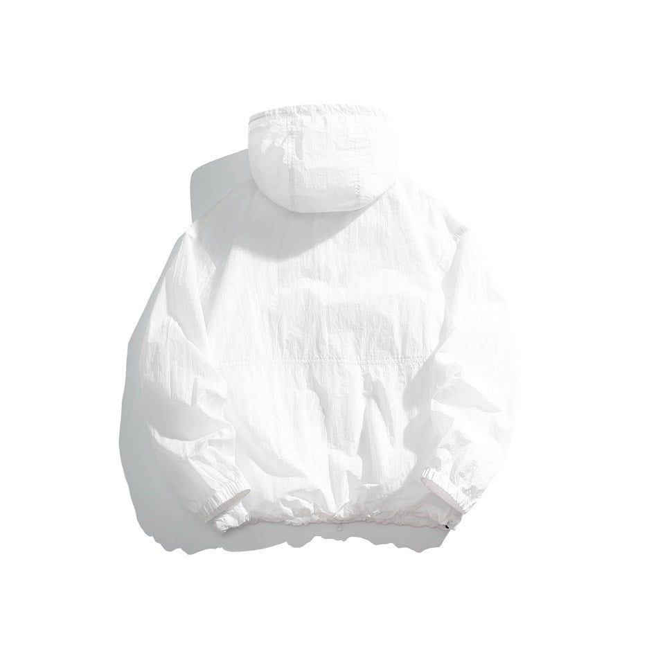 Back view of a white hooded jacket with long sleeves, elastic cuffs, and a gathered hem, laid flat on white.