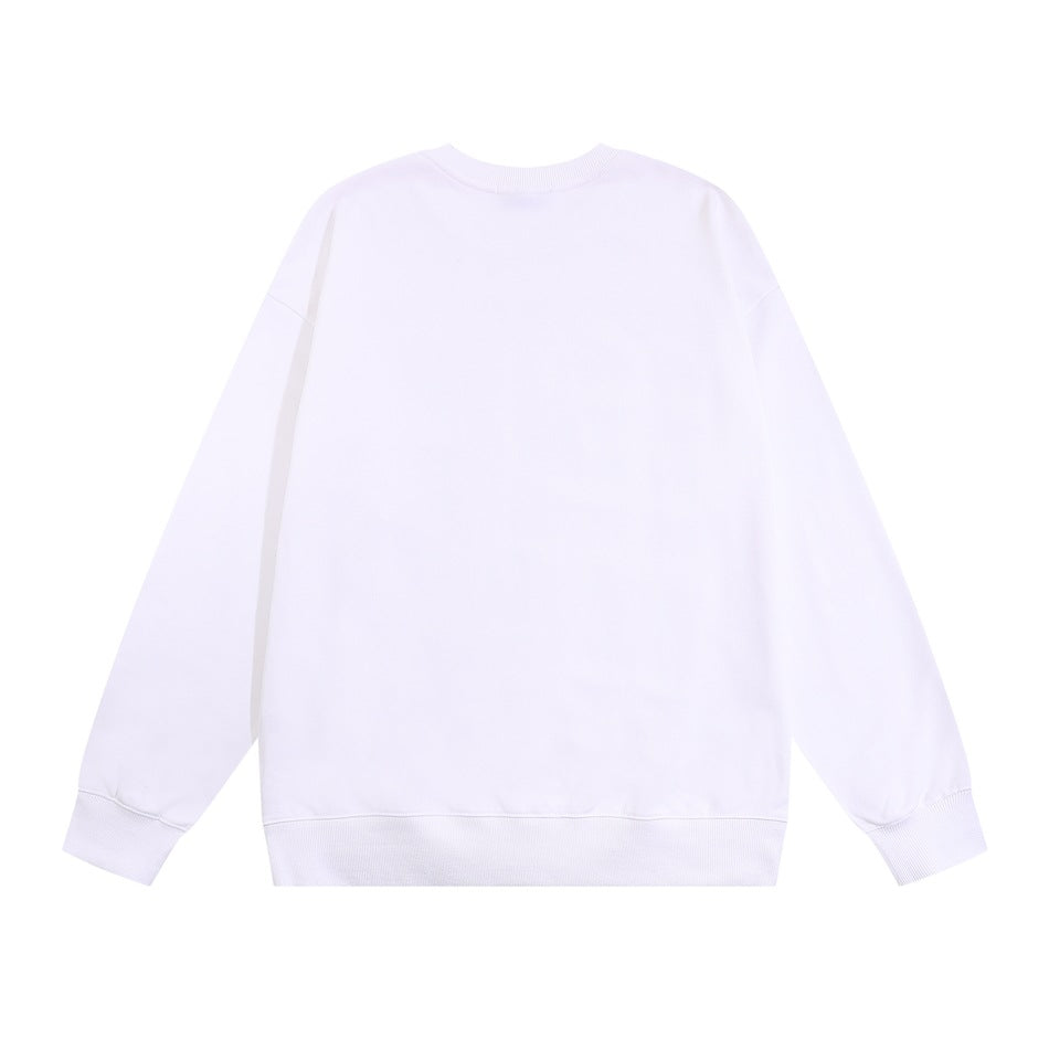 Back view of a plain white crew-neck sweatshirt with ribbed neckline, cuffs and hem