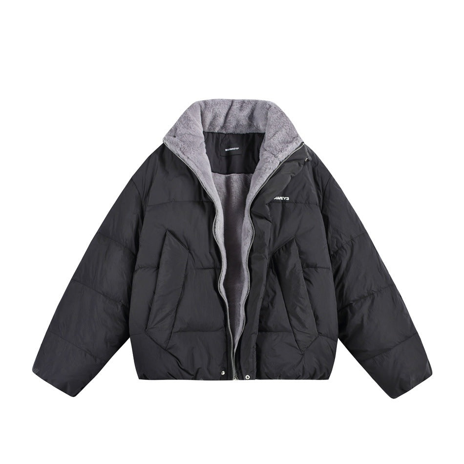 Black puffer jacket with stand collar, open zipper and gray plush fleece-like lining, flat lay