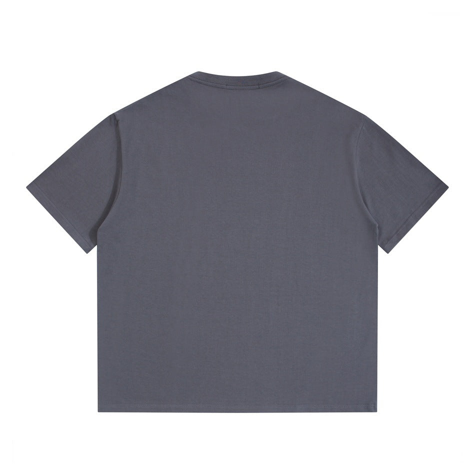 Back view of a plain charcoal-gray short-sleeve crew-neck T-shirt laid flat on a white background.