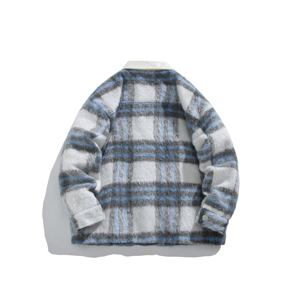 Back view of a blue, gray, and white plaid fuzzy jacket with a white collar and buttoned cuffs.