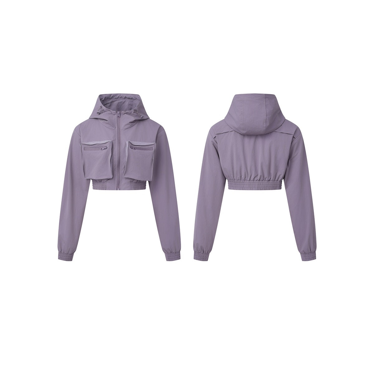 Muted lavender-gray cropped hooded jacket shown from the front and back, with long sleeves and zip pockets.