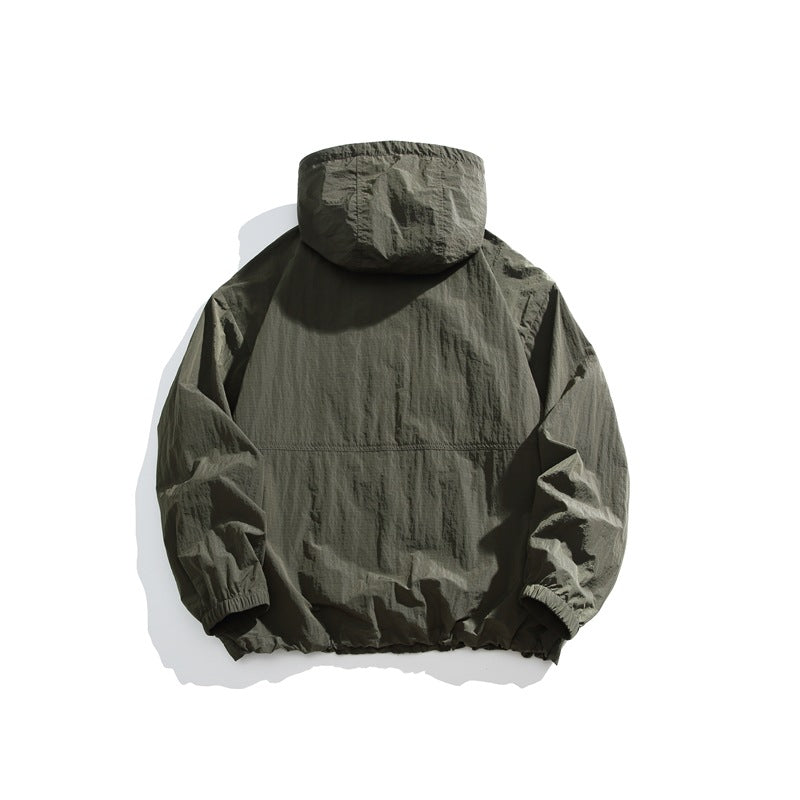Back view of an olive-gray hooded jacket with elastic cuffs and hem, shown flat against a white background.