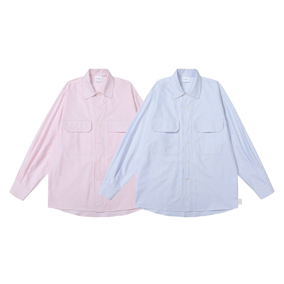 Front view of two long-sleeve pinstriped shirts, one pink and one light blue, each with two chest pockets.