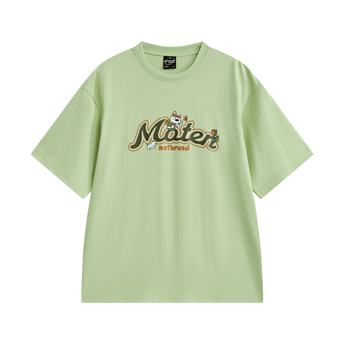 Apple green short-sleeve crew-neck T-shirt with a cartoon script lettering graphic on the chest, flat front view