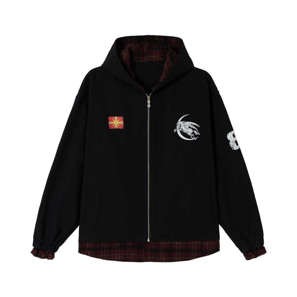 Black zip-up hooded jacket with plaid hem and cuffs, red patch, white moon graphic and sleeve number