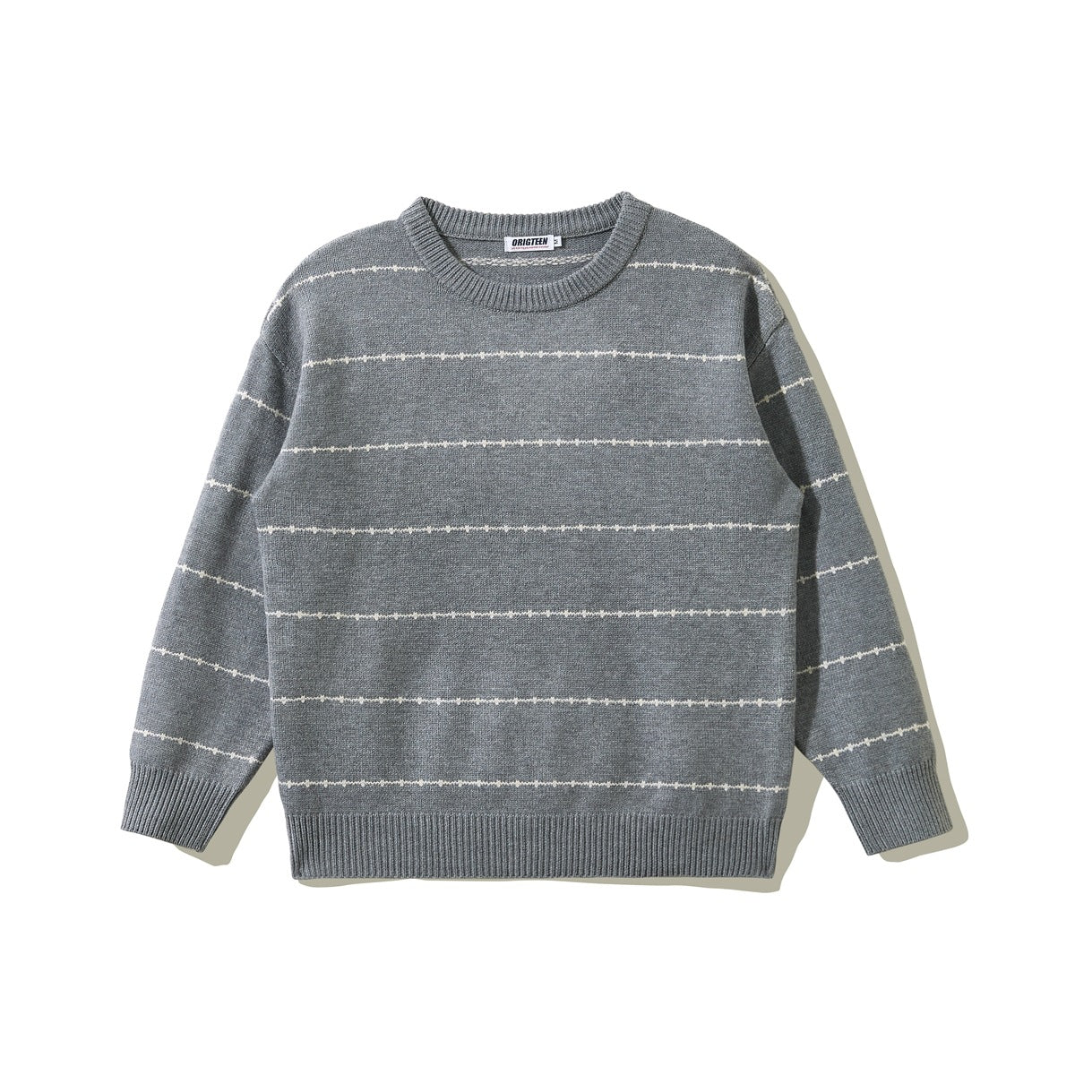 Gray crew-neck knit sweater with cream dotted horizontal stripes, ribbed collar, cuffs and hem, flat lay front view