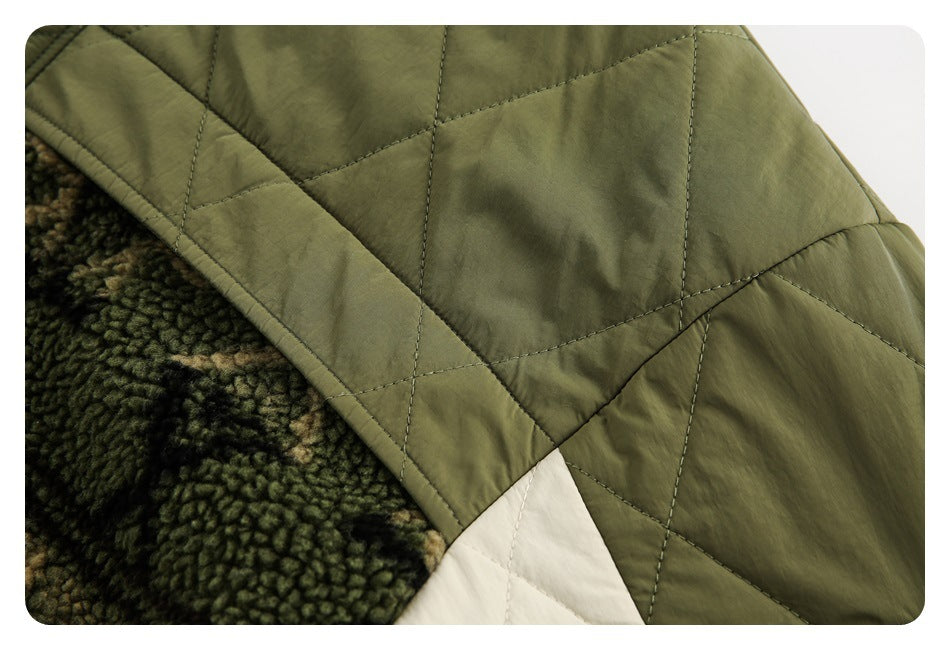 Close-up of an olive quilted jacket beside its dark green and tan fuzzy lining.