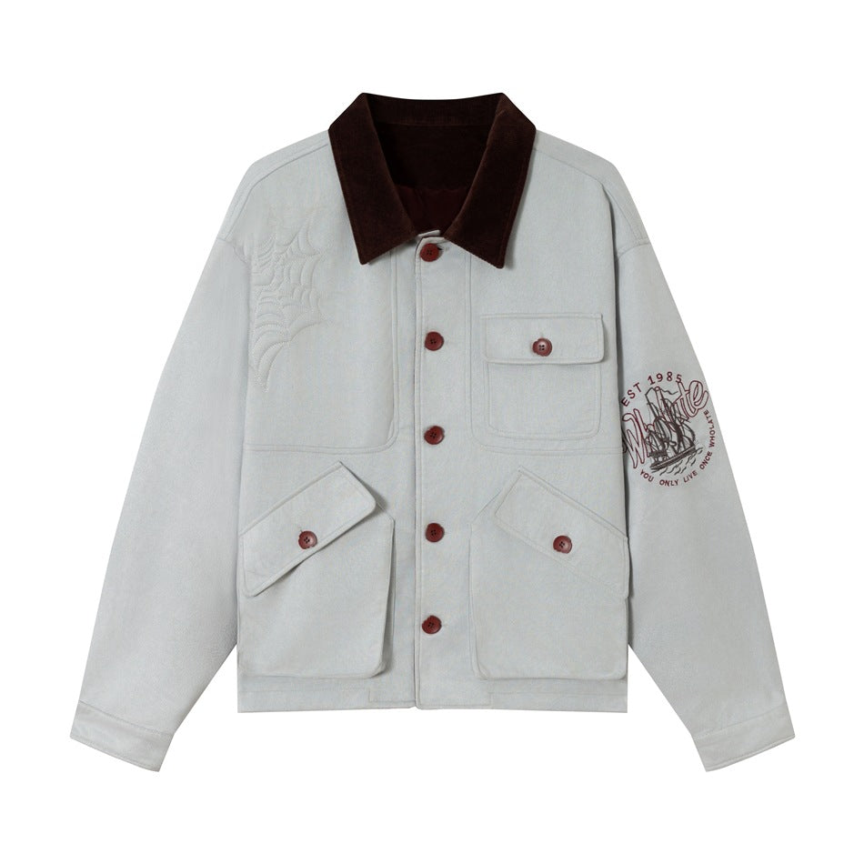 Light blue-gray button-front jacket with brown corduroy collar, flap pockets and sleeve embroidery, flat front view