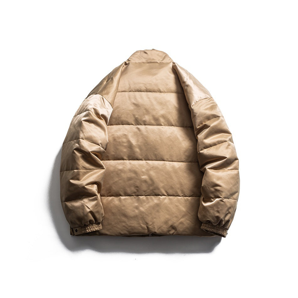 Khaki quilted puffer jacket back view with horizontal channel quilting, stand collar and elastic cuffs, flat lay