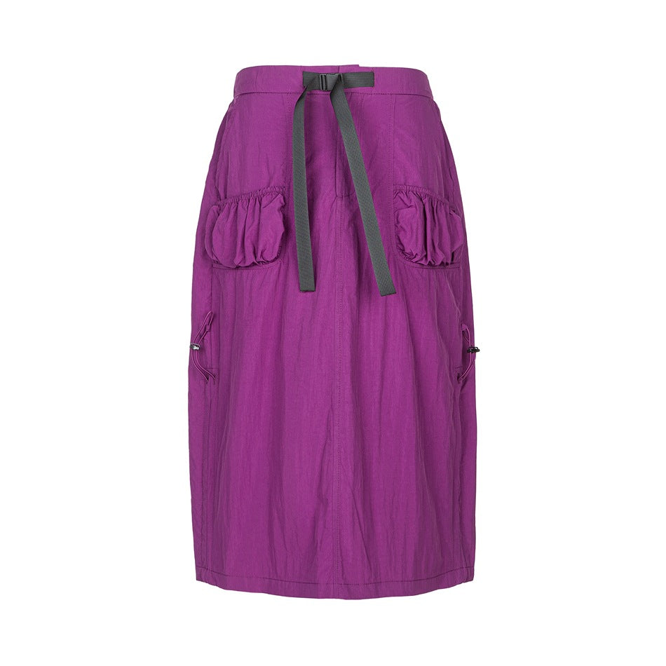 Purple midi skirt flat lay, front view, with gray buckle belt, gathered patch pockets and side toggle cords