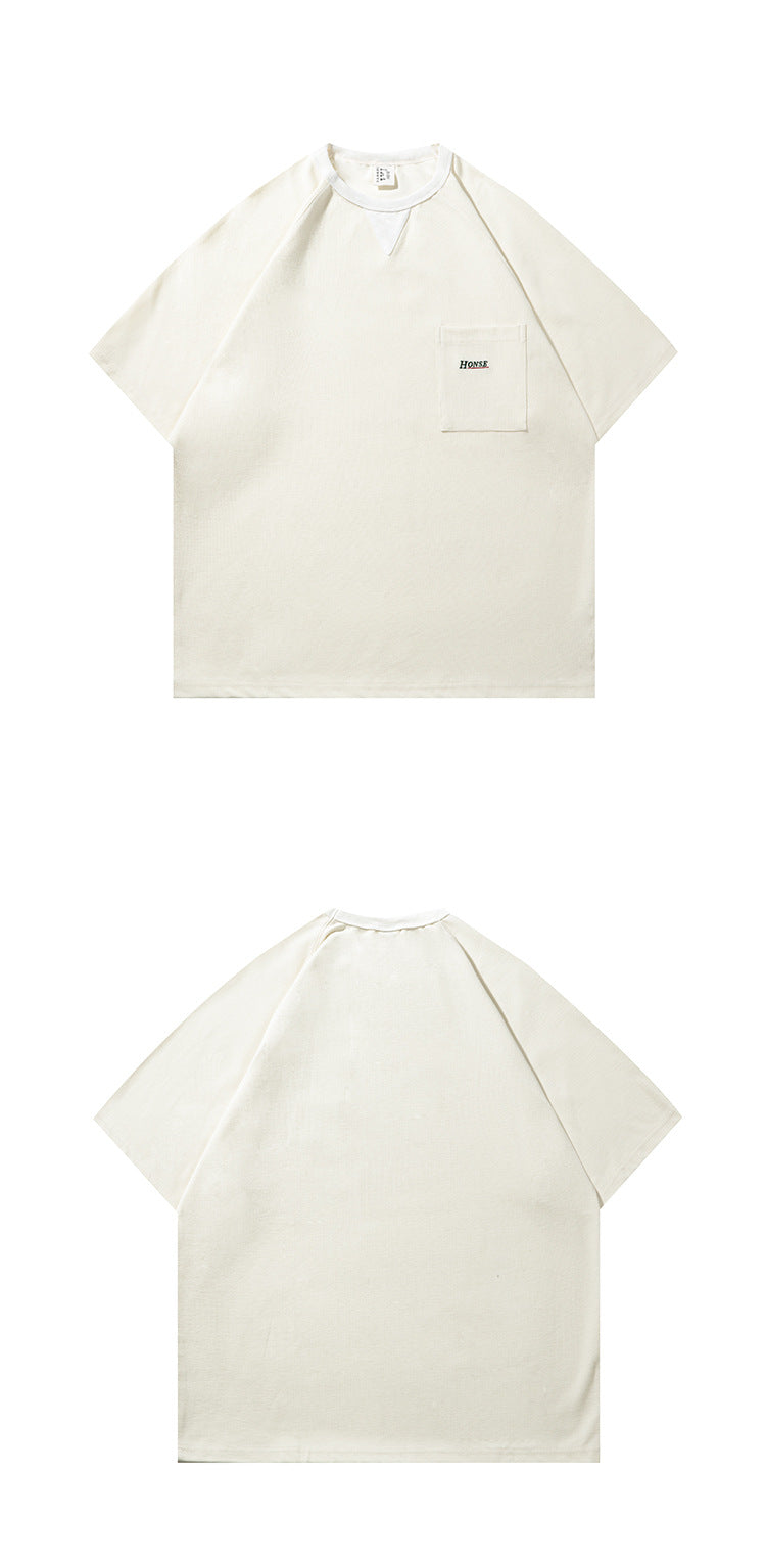 Off-white short-sleeve raglan T-shirt shown from the front and back; the front has a chest pocket.