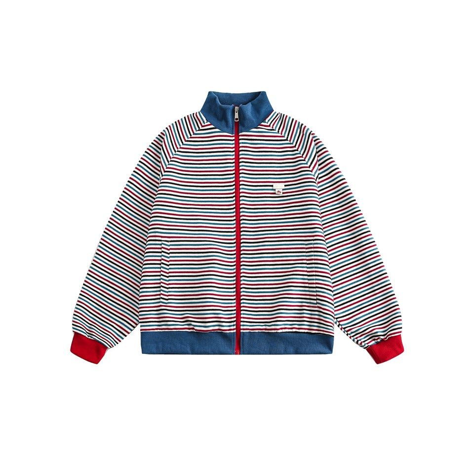 Front view of a striped zip-up jacket with a blue stand collar and hem, red cuffs and zipper, and a small chest pocket.