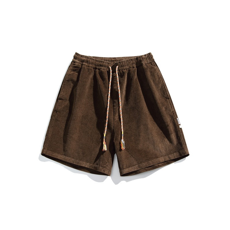 Dark brown corduroy shorts with elastic waist and braided multicolor drawcord, front flat lay