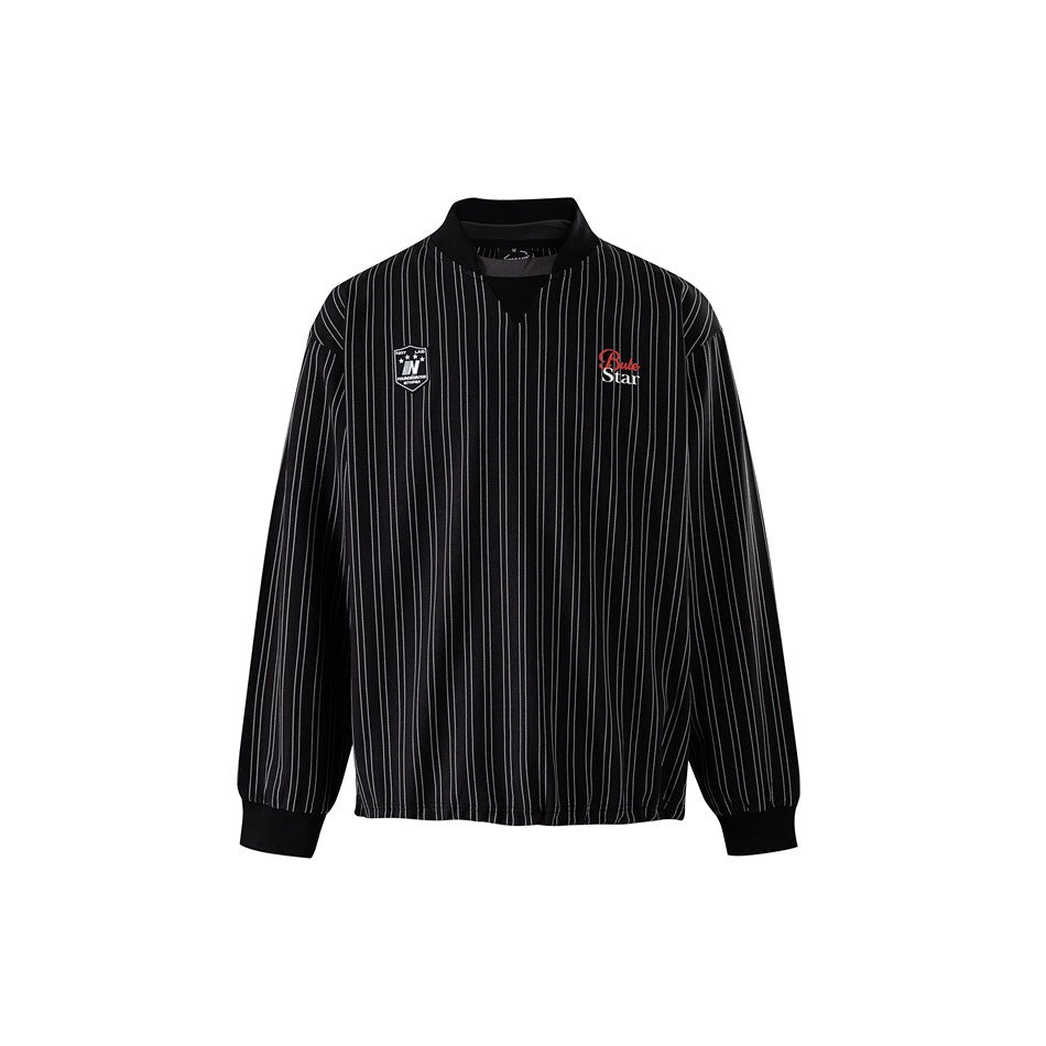 Black pinstripe long-sleeve top, front view, V-neck with black ribbed collar, chest patch and embroidery