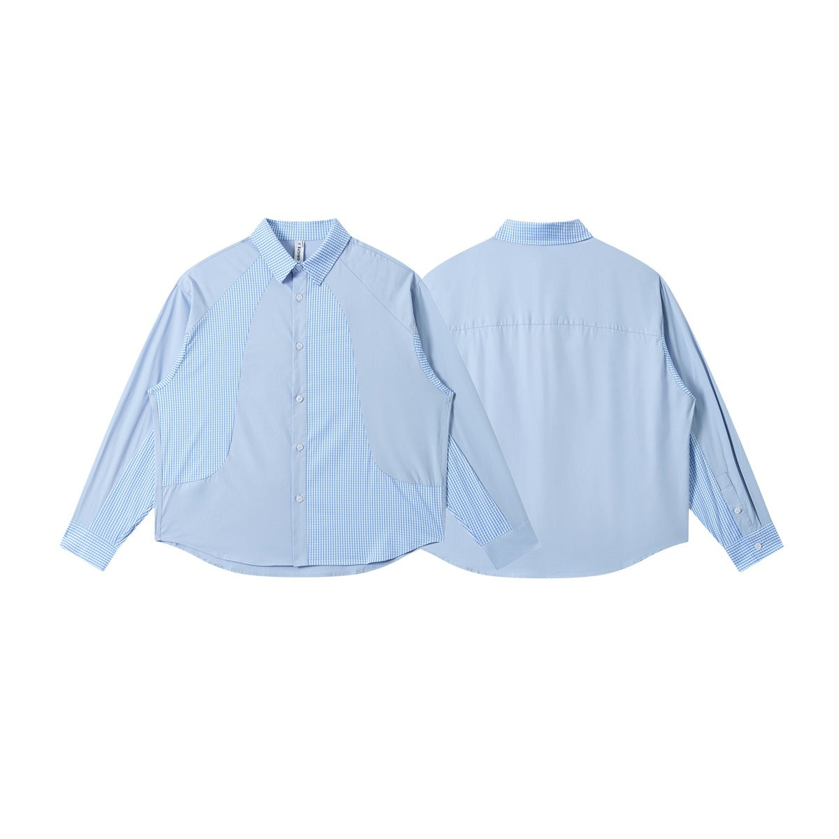 Light blue long-sleeve button-up shirt shown from the front and back, with blue-and-white gingham contrast panels.