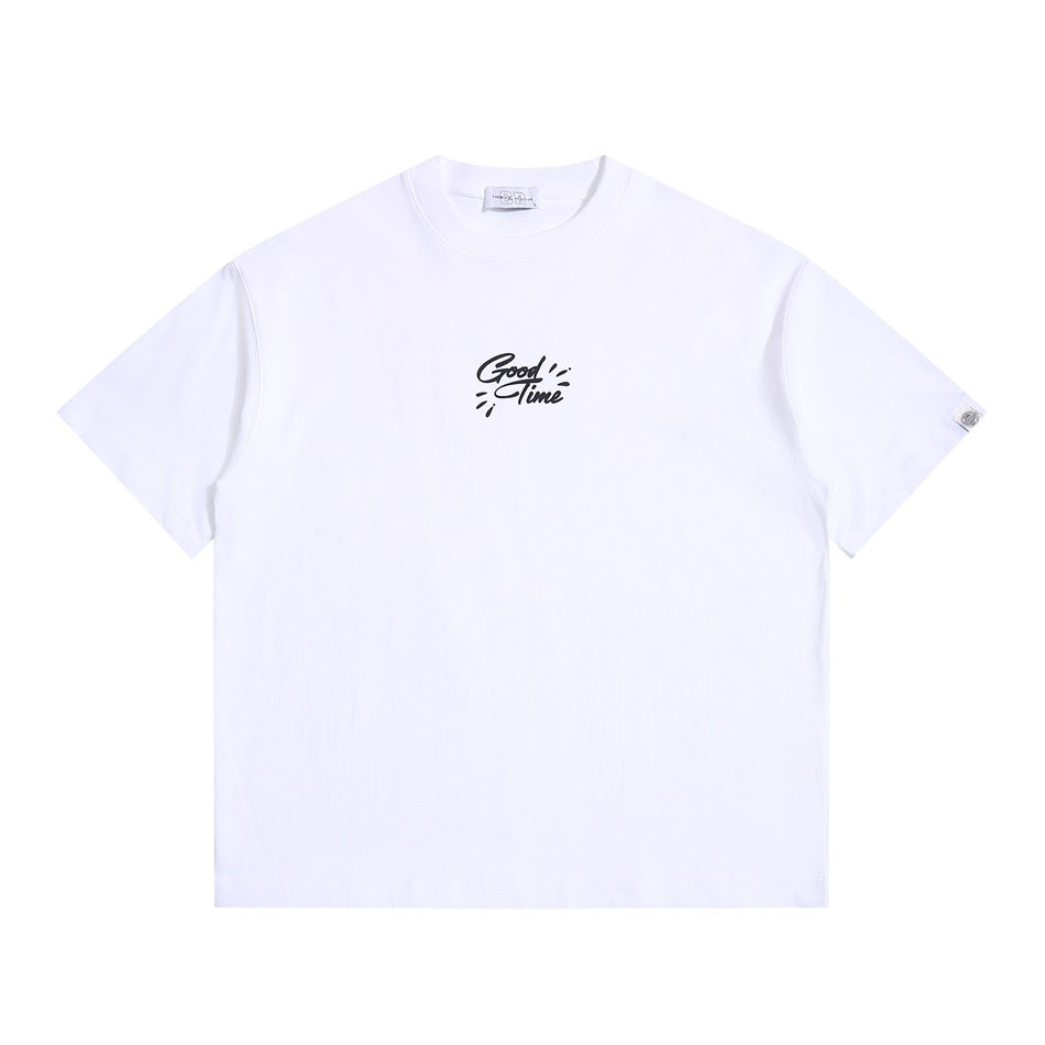 White short-sleeve crew-neck T-shirt with small black Good Time script print on the chest, flat front view