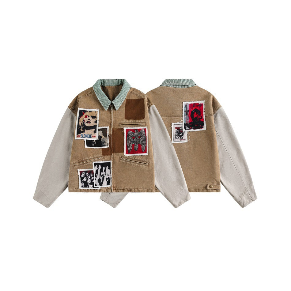 Brown jacket with pale sleeves and graphic patches shown from the front and back on a white background.