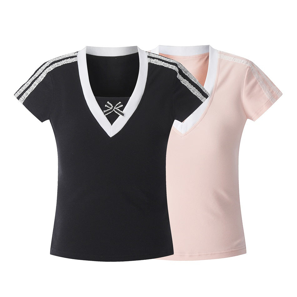 Black and pale pink short-sleeve V-neck T-shirts with white neckline trim, lace shoulder stripes, and small bows.
