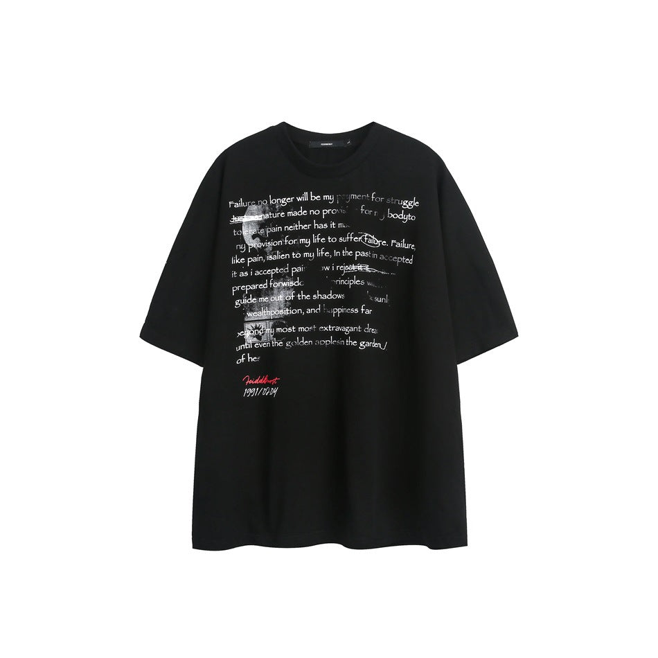 Black oversized short-sleeve t-shirt with distressed white English text print and small red signature on the front