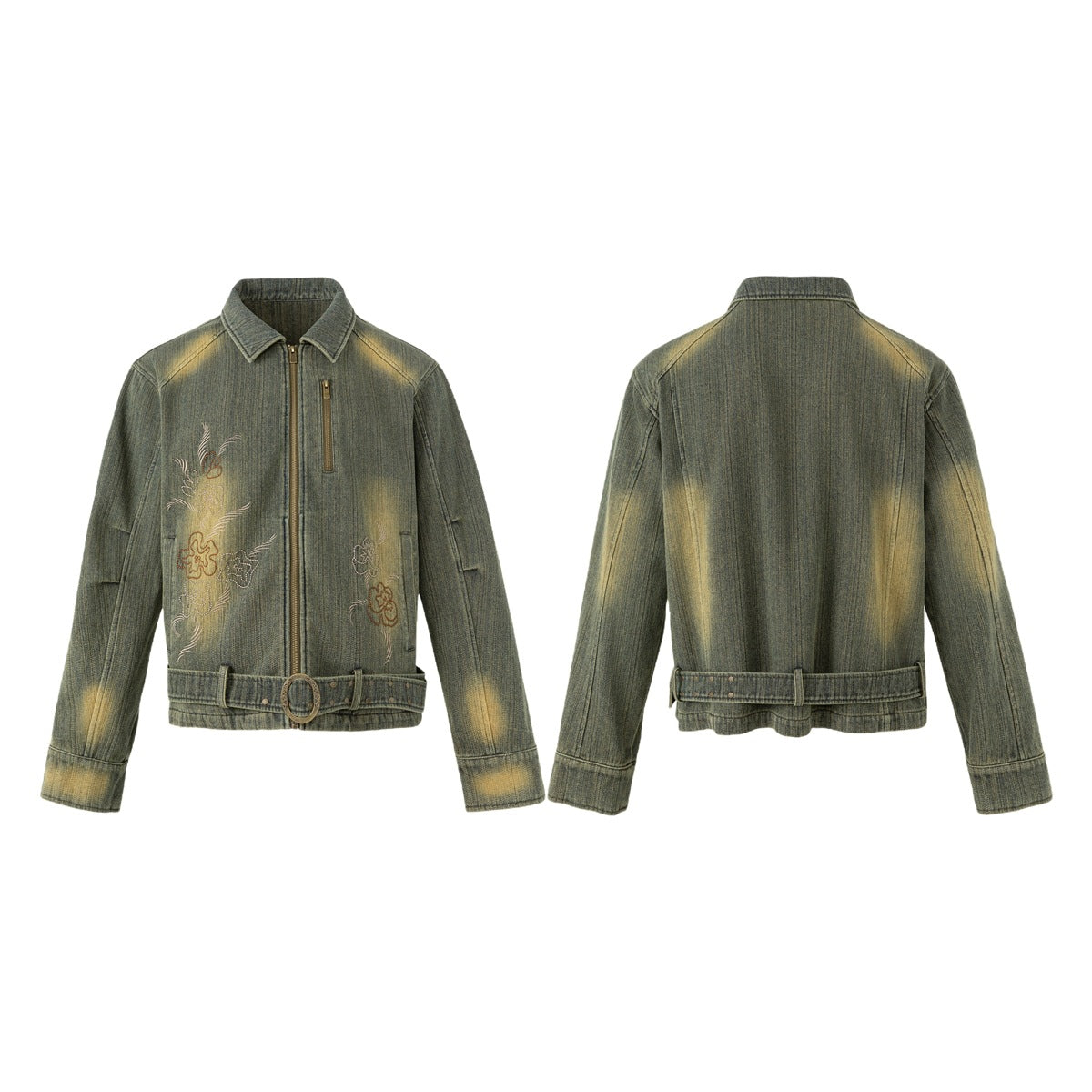 Olive distressed zip jacket shown from the front and back, with a pointed collar, embroidered front motifs and belt detail.