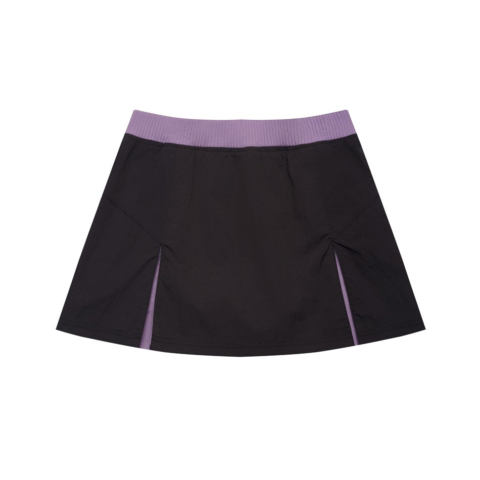 Black mini A-line skirt with purple ribbed waistband and front slits with purple inserts