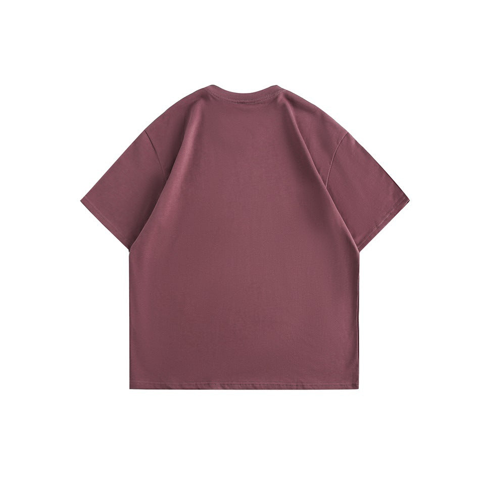 Plain muted burgundy short-sleeve crew-neck T-shirt shown from the back on a white background.