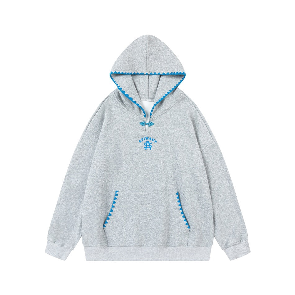 Heather gray pullover hoodie with blue scalloped trim, knot closure and kangaroo pocket, front view