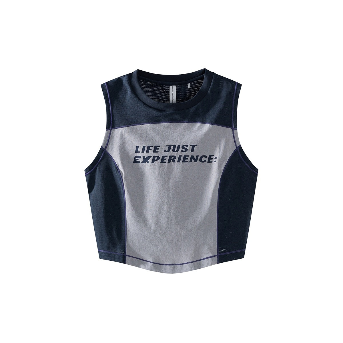 Navy and gray color-block cropped tank top with purple topstitching and navy slogan print