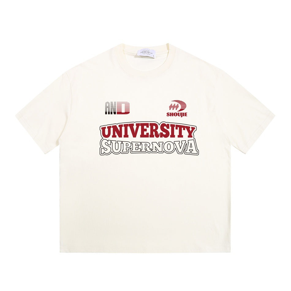 Apricot cream short-sleeve crew-neck T-shirt with red UNIVERSITY and outlined SUPERNOVA chest print, flat front view