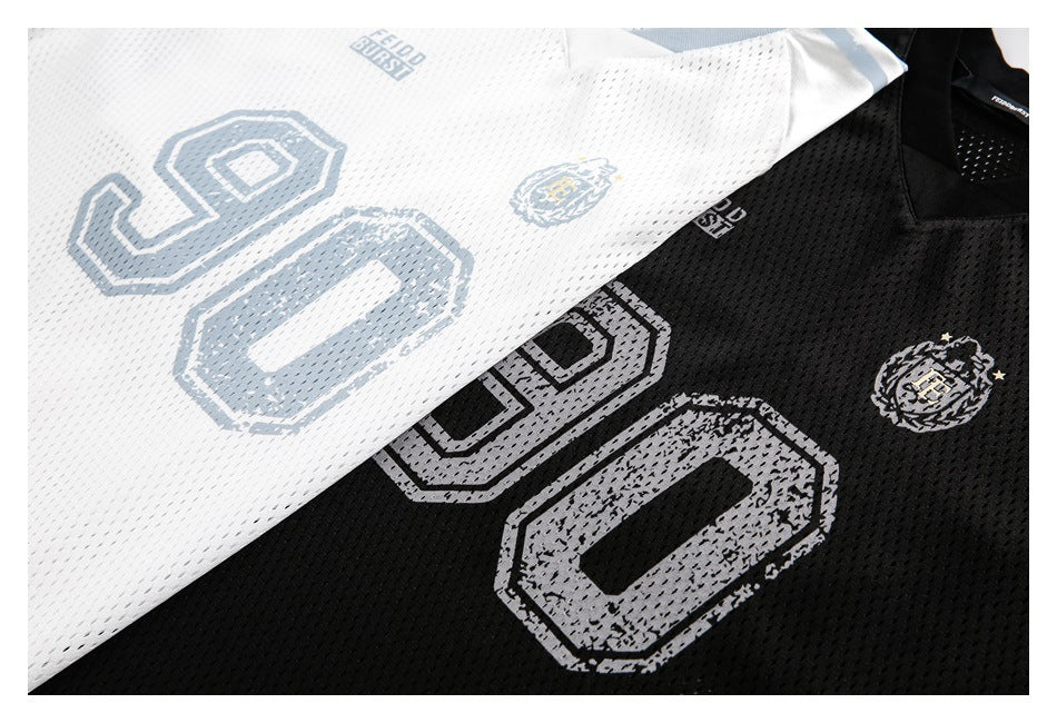 White and black mesh jerseys shown together, each with a large distressed number 90 and a crest.