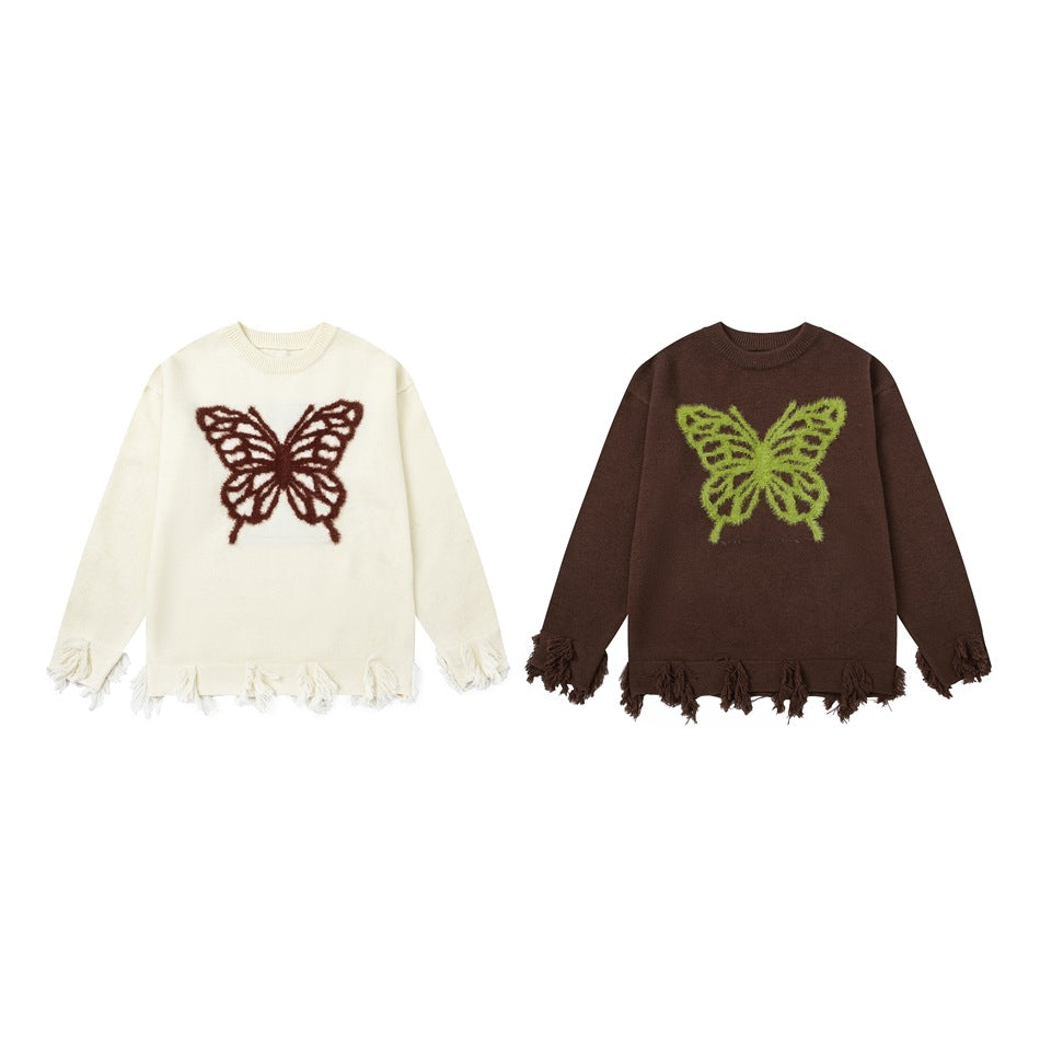 Two front-view sweaters shown flat: ivory with a brown butterfly and dark brown with a lime-green butterfly, both with