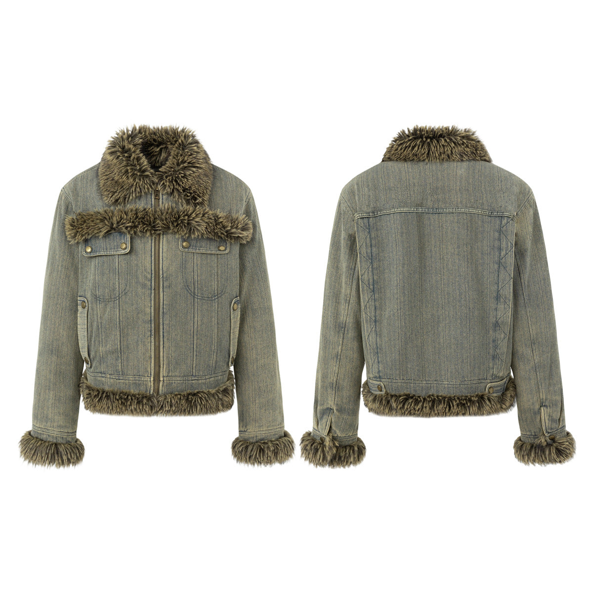 Flat product views show the jacket's front and back, with brown-black fur trim at the collar, cuffs, and hem.