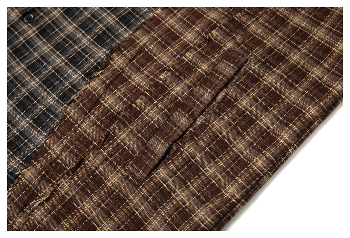 Close-up of overlapping brown and charcoal plaid shirts, showing their fabric and button details.