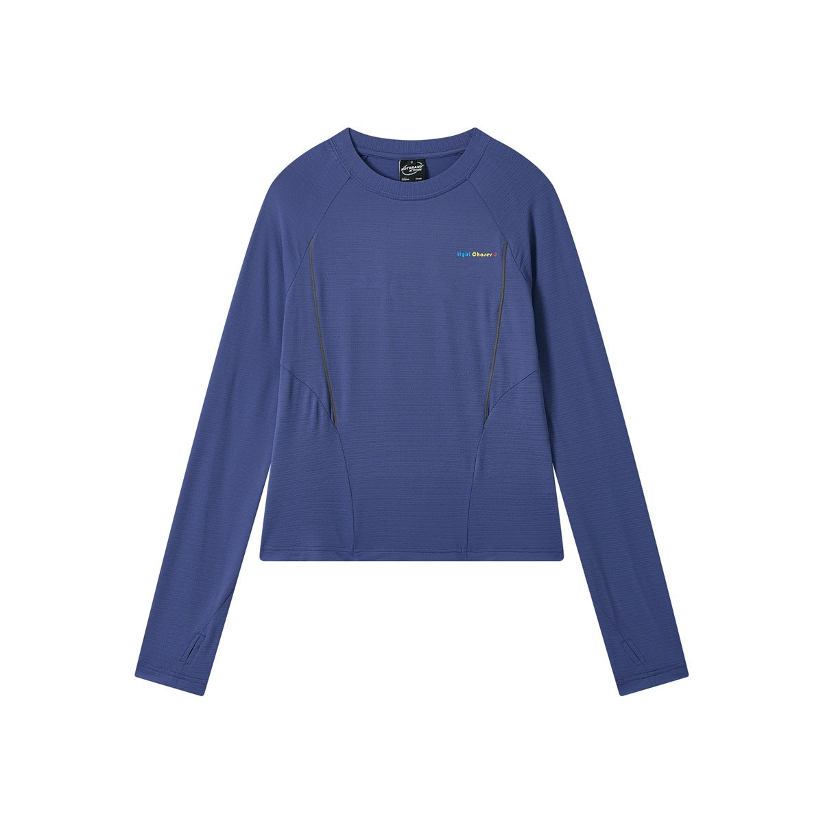 Royal blue long-sleeve athletic top with crew neck, raglan sleeves, thumbholes and dark seam lines, flat front view