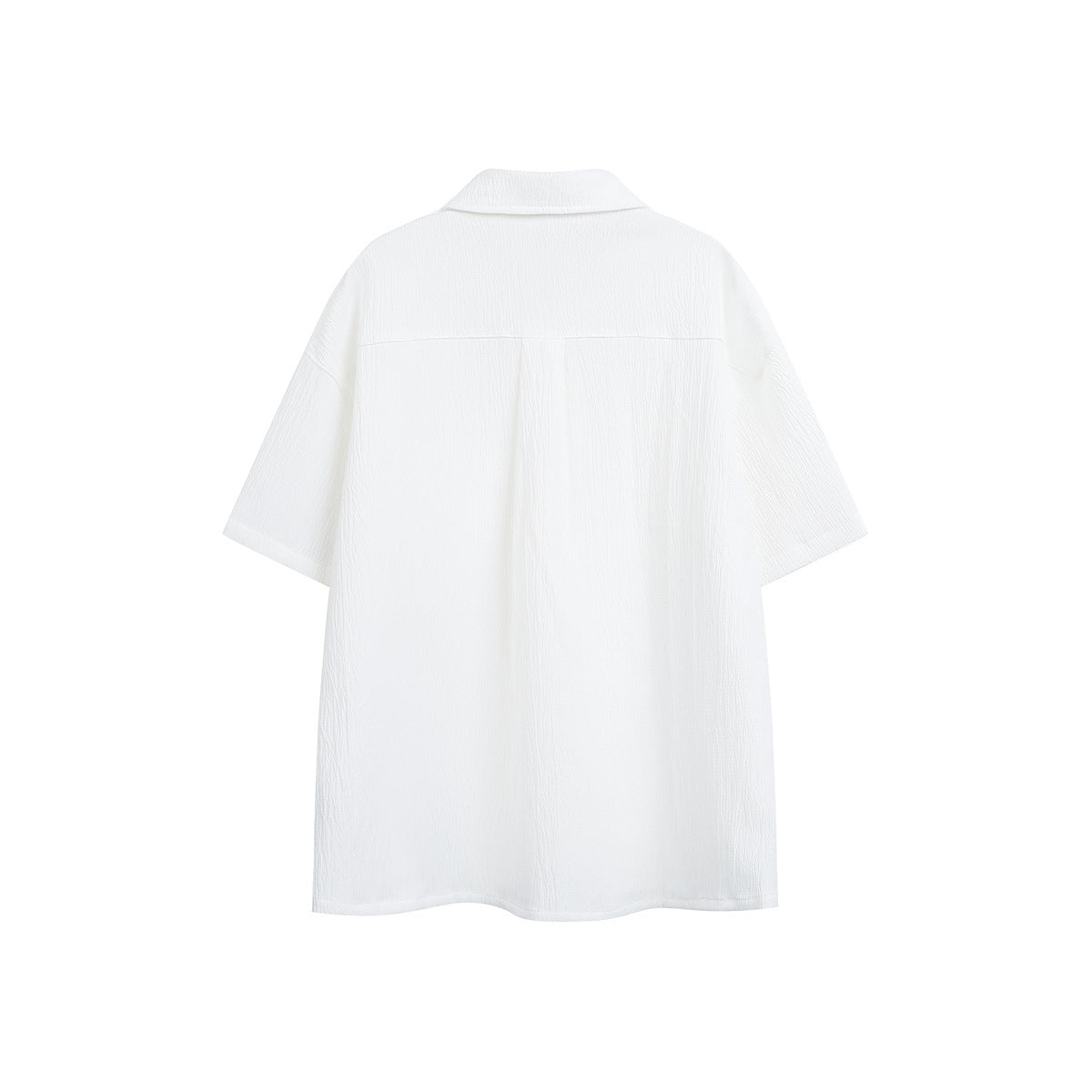 Back view of a white textured short-sleeve shirt with yoke seam and center pleat, flat on white background