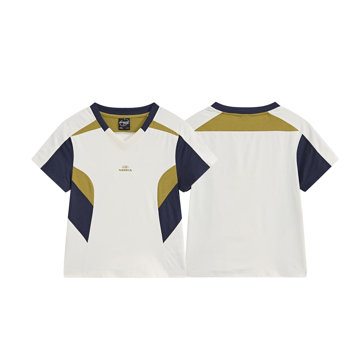 Ivory color-block T-shirt shown from the front and back, with navy and olive accents and a V-neck.