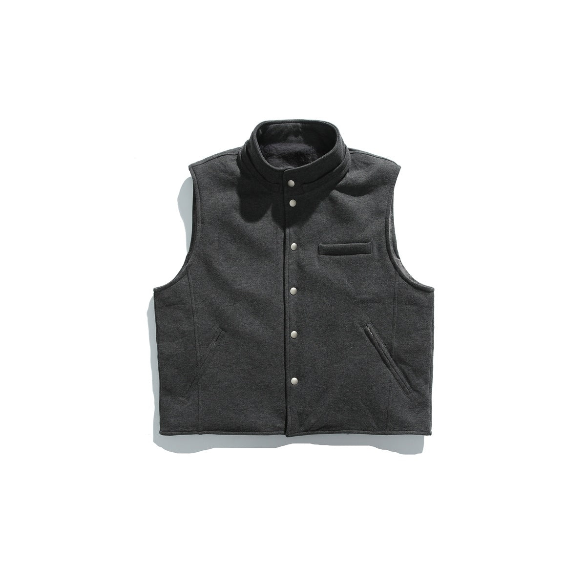 Front view of a charcoal sleeveless vest with a stand collar, snap-button closure, and pockets.