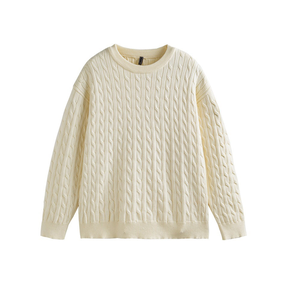 Beige cable-knit crew-neck sweater with ribbed collar, cuffs and hem, flat lay front view